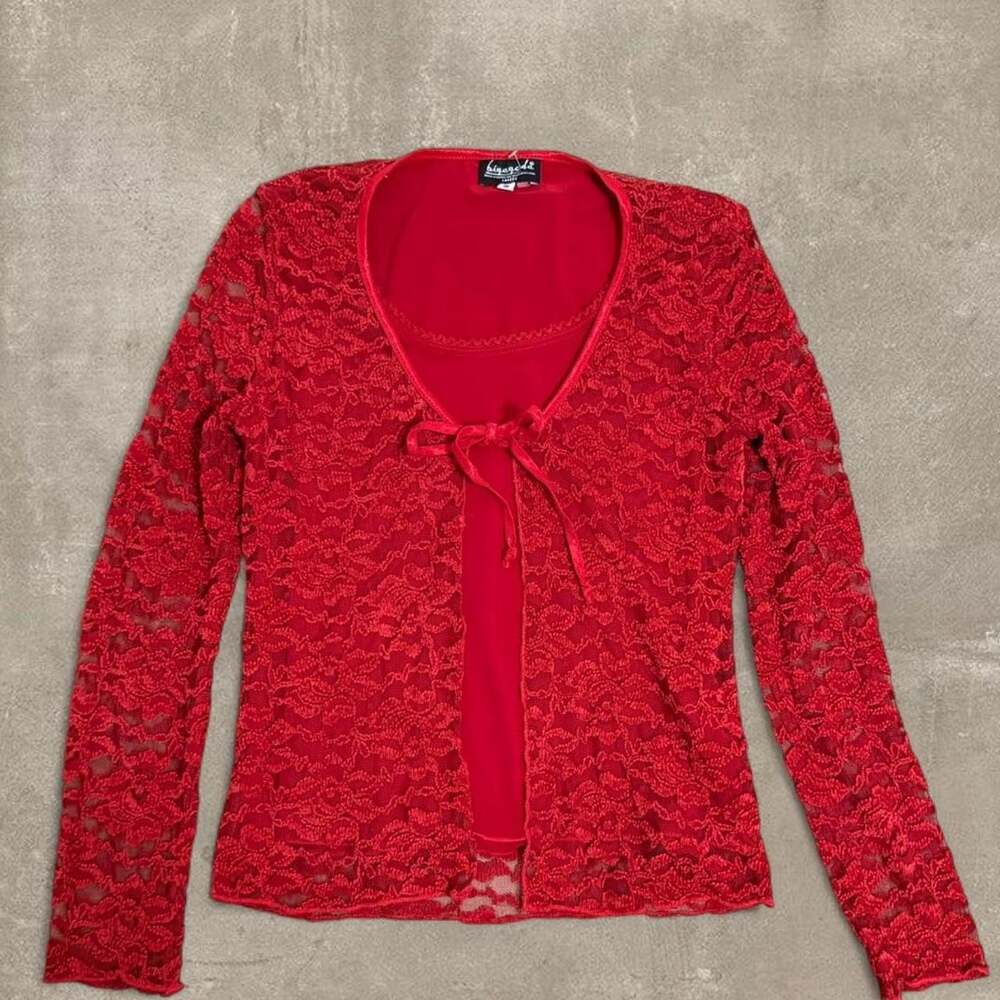 b.i.g.a.y.c.d.a. Red Lace Layered Tie-Front Long Sleeve Blouse